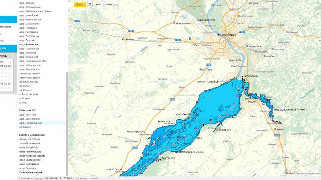 Интерактивная карта глубин Новосибирского водохранилища.