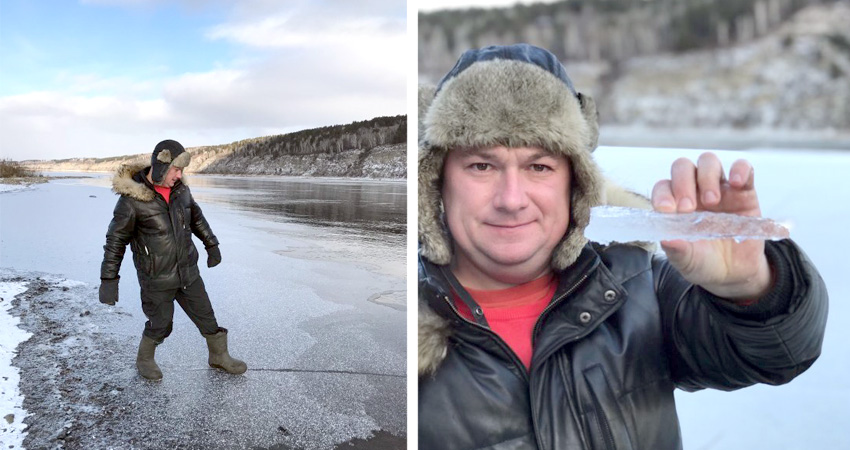 Рыбак проверяет первый лед Первый лед